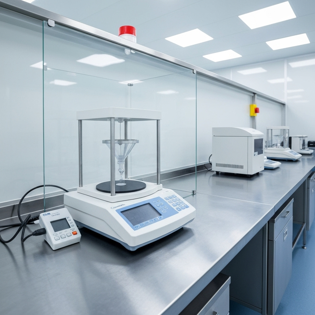 Analytical balance with data logger and thermal printer in a clean lab.